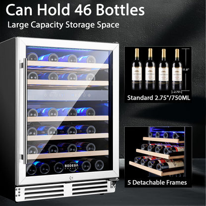 BODEGA 24 Inch Dual Zone Wine Fridge, 46 Bottle Built-in Wine Cooler with Compressor Cooling, Double-Layer UV Glass Door, Digital Thermostat & ≤35dB Quiet – Freestanding Fridge for Home Kitchen Bar