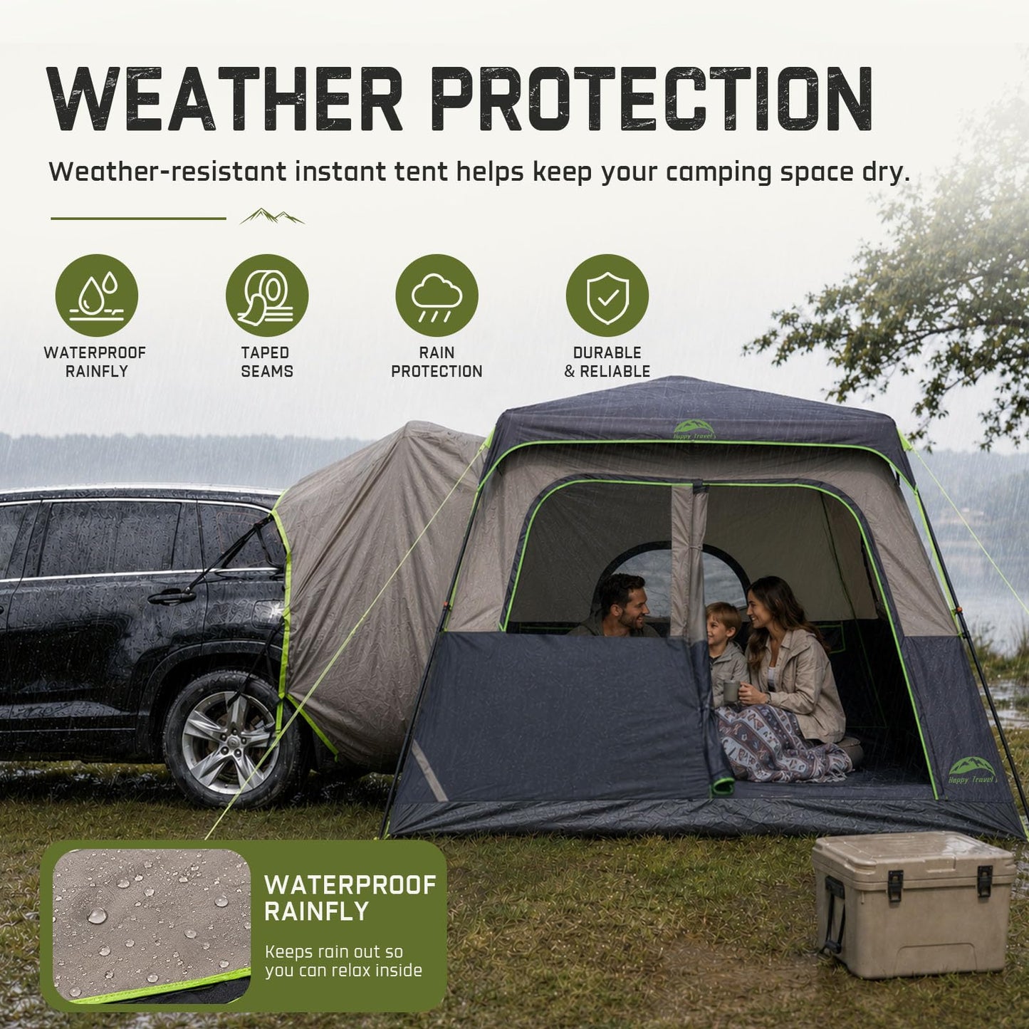 Happy Travel SUV Tents for Camping, 6 Person Instant Tent with 60 Seconds Easy Setup, Waterproof Car Tailgate Cabin Tent with Rainfly for Family Camping, Expandable Carry Bag,10' W X 10' L X 7.1' H