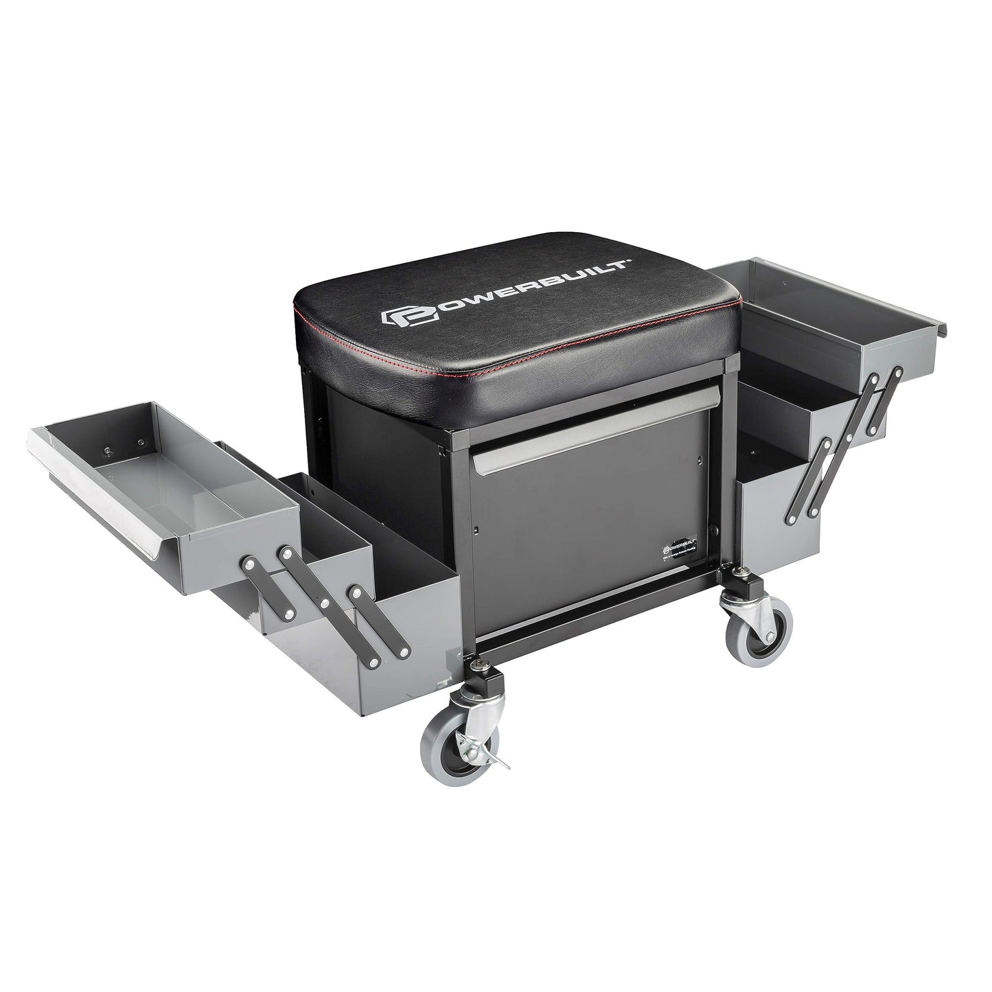 Powerbuilt Rolling Seat with Expandable Tool Trays, Roller Toolbox Garage Stool - Grey 941918ECE