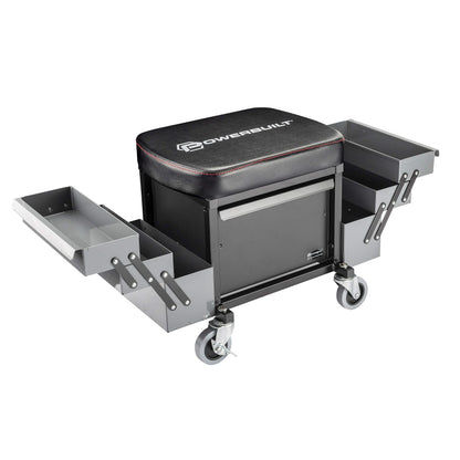 Powerbuilt Rolling Seat with Expandable Tool Trays, Roller Toolbox Garage Stool - Grey 941918ECE