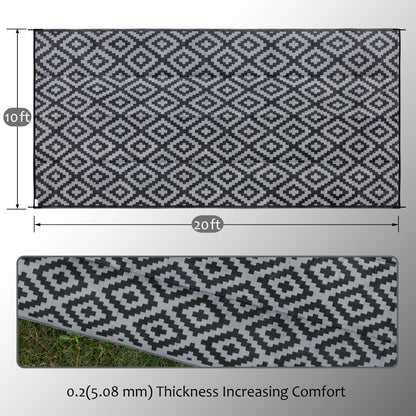 SAND MINE Waterproof Outdoor Rug 10x20 ft, Plastic Reversible Rug, Modern Area Rug, Large Floor Mat for Outdoors, RV, Patio, Backyard, Deck, Picnic, Beach, Camping, Black & Grey