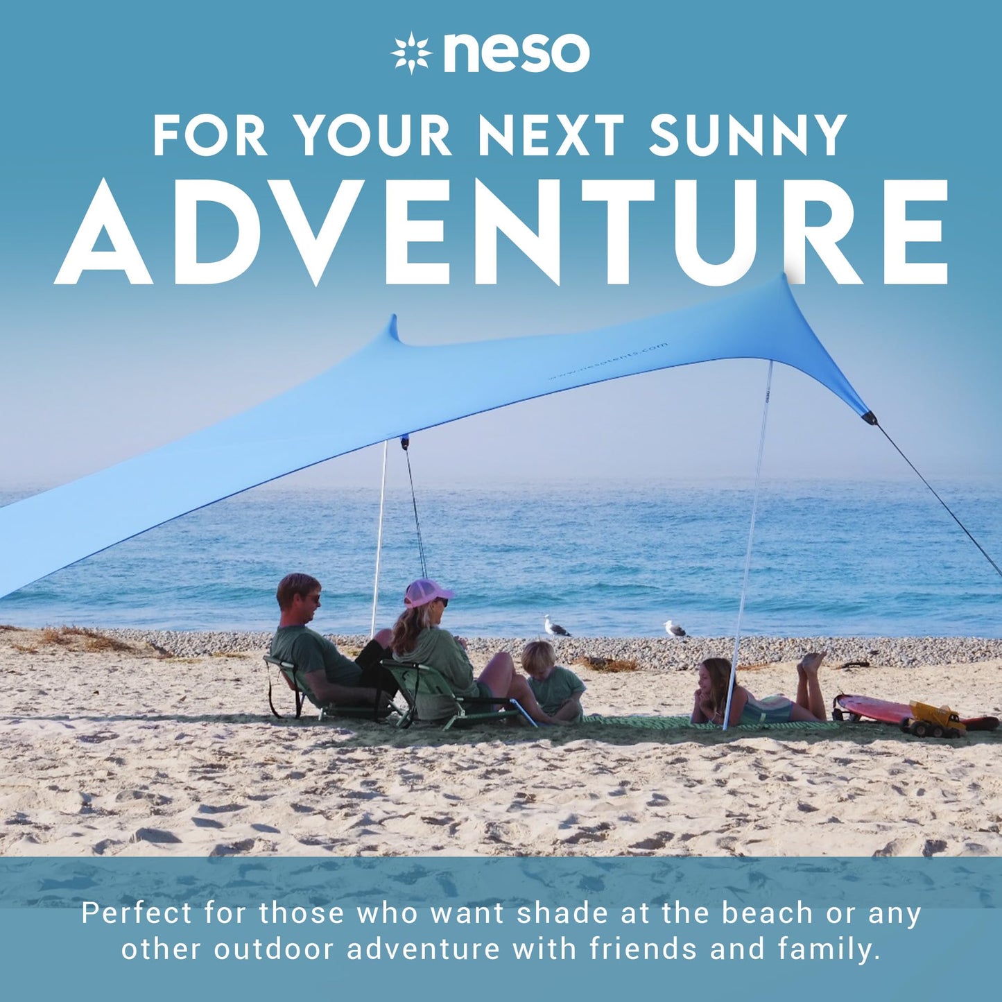 Neso Gigante Portable Beach Tent Sun Shelter - Lightweight Beach Shade Canopy - Easy Setup for Family Outings - Patented Reinforced Corners - UPF 50+ - 8ft Tall, 11 x 11ft - Periwinkle Blue