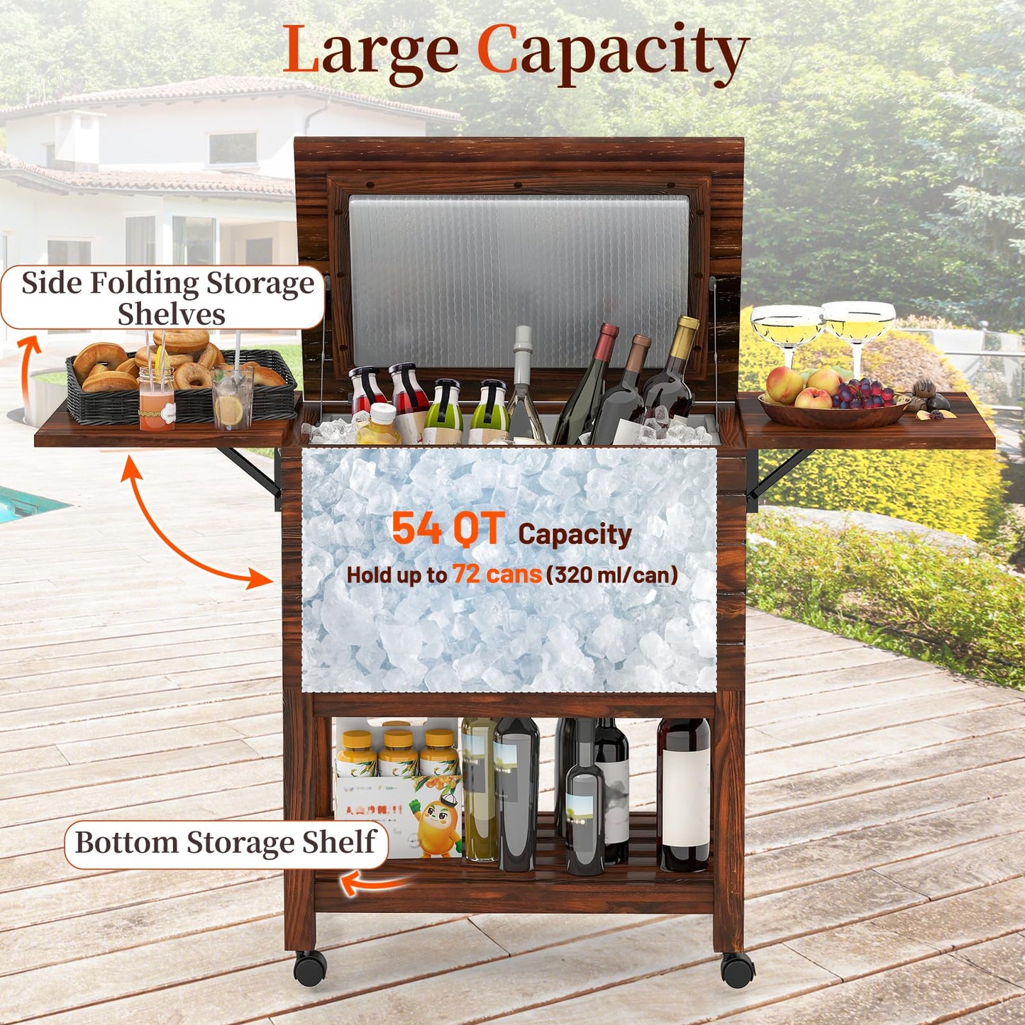 SPORFIT 54 Quart Rolling Patio Cooler Cart, Pine Wood Ice Chest Bar Cart with Drain, Fold Down Shelves & Bottle Opener, Outdoor Beverage Cooler Cart on Wheels for Parties Backyard Poolside Deck