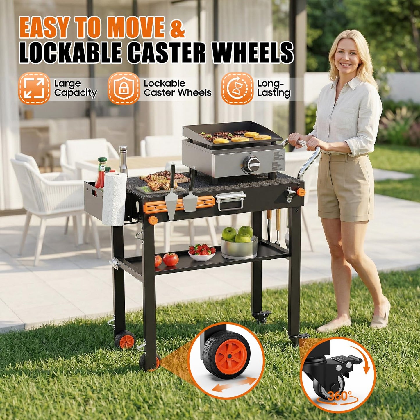 AOKEMAi Grill Table for Blackstone Griddle 17” or 22”, Portable Grill Cart with Wheels for Ninja, Outdoor Grill Table with Large Space, Foldable Griddle Stand ＆ BBQ Prep Tables for Tailgating Camping