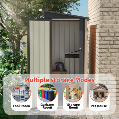 KEIKI 4.27x2.42 FT Lean-to Metal Storage Shed, Outdoor Garden Storage Cabinet w/Pent Roof & Lockable Door, Backyard Storage House w/Side Hinged Door for Patio Lawn Equipment Bike Storage, Brown