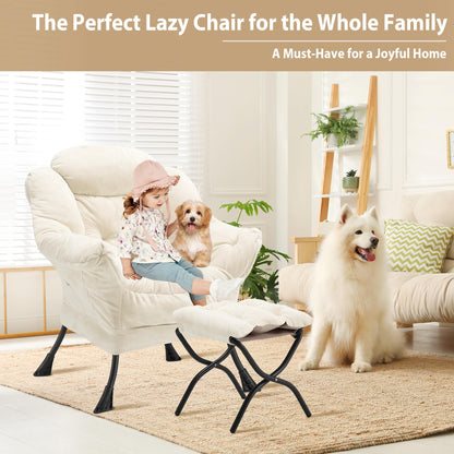 Youtanic Lazy Chair with Folding Ottoman, Accent Chair Plush Upholstered with Metal Structure and Non-Slip Pads, Sofa Armchair with Footrest and Side Storage Bag for Dorm, Room, Office, Beige