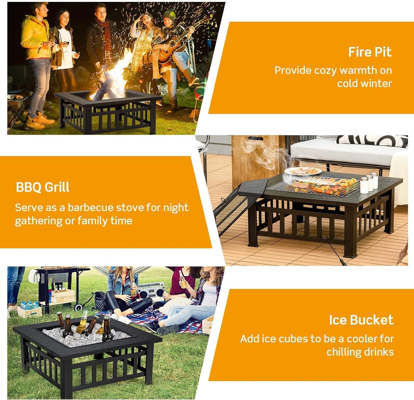 OFFICEJOY 32 inch Outdoor Fire Pit, 3 in 1 Bonfire Wood Burning Fire Pit Table with Spark Screen, BBQ Grill, Poker, Rain Cover, Log Grate, Metal Bonfire Stove Firepit for Outside Backyard Patio