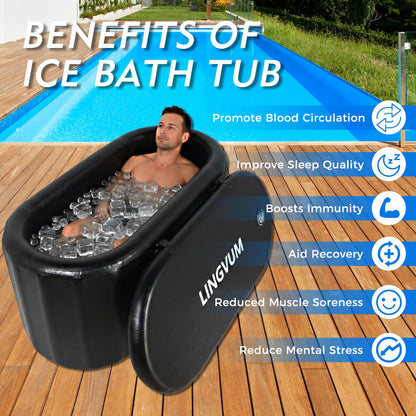 LINGVUM XXL Inflatable Ice Bath Tub for Athletes, 195 Gallon Cold Plunge Tub with Lid, Water Chiller Compatible, Portable Oval Freestanding Bathtub for Cold Water Therapy Recovery Indoor Outdoor Black