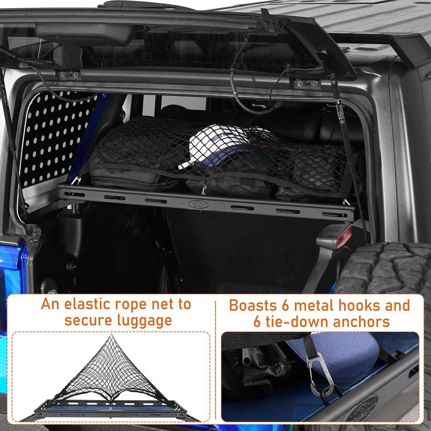 Hooke Road Rear Trunk Cargo Rack Basket Tray for 2007-2026 Jeep Wrangler JK JL 4-Door Hardtops, Sturdy Steel Shelf for Camping Trip Gear
