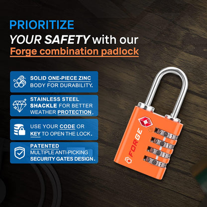 Forge Dual-Opening: Key or Combination Access Lock, TSA Approved Locks for Luggage, Pelican case, Travel, Gym, School, Stainless Steel Shackle.(Orange, 2 Pk)