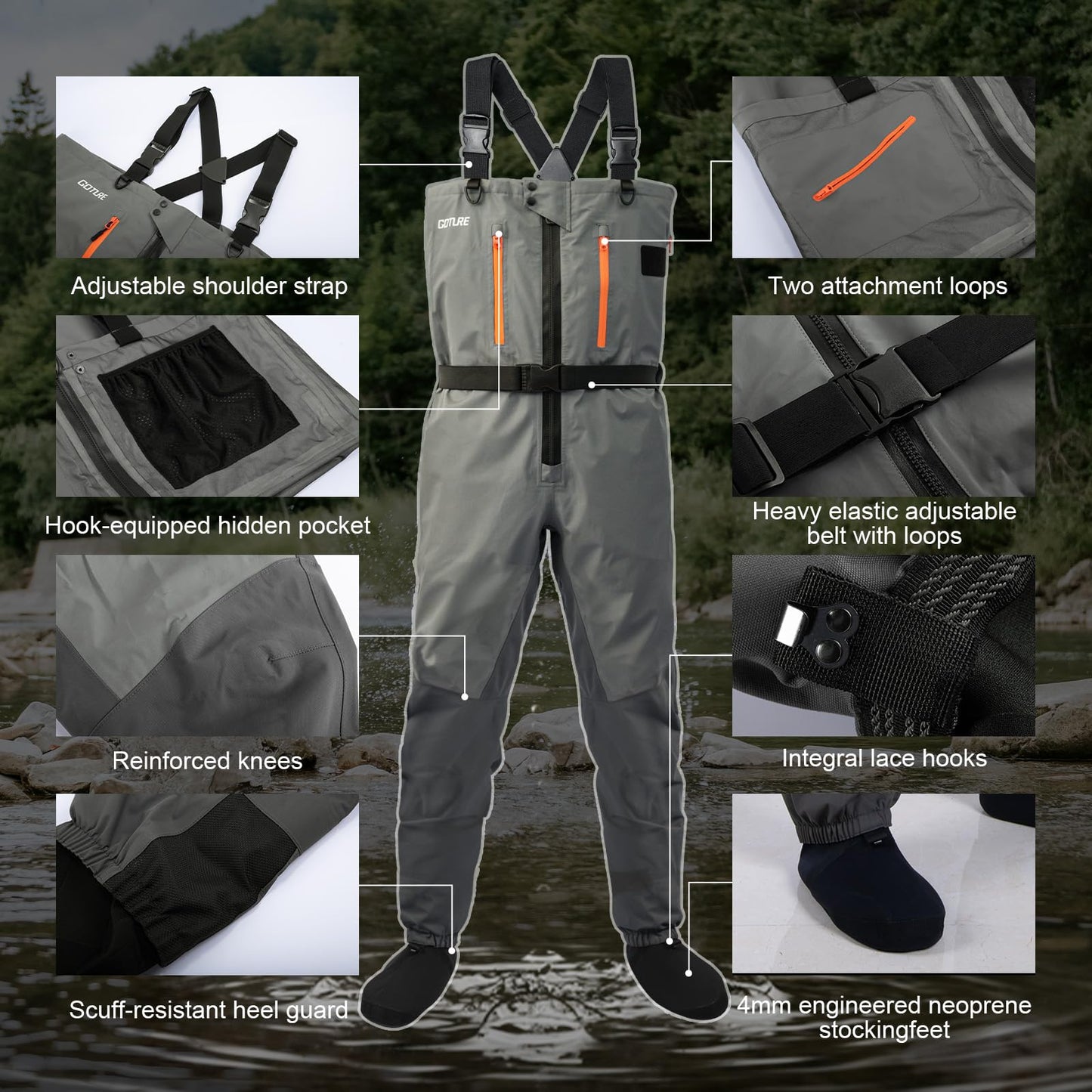 Goture 5-Layer Waterproof Zip Front Stocking Foot Waders, Breathable Fly Fishing Waders for Men Women with Handwarmer, Multiple Storage Pockets, Waist Belt, Fishing Chest Wader for Fishing XL
