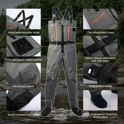 Goture 5-Layer Waterproof Zip Front Stocking Foot Waders, Breathable Fly Fishing Waders for Men Women with Handwarmer, Multiple Storage Pockets, Waist Belt, Fishing Chest Wader for Fishing XL