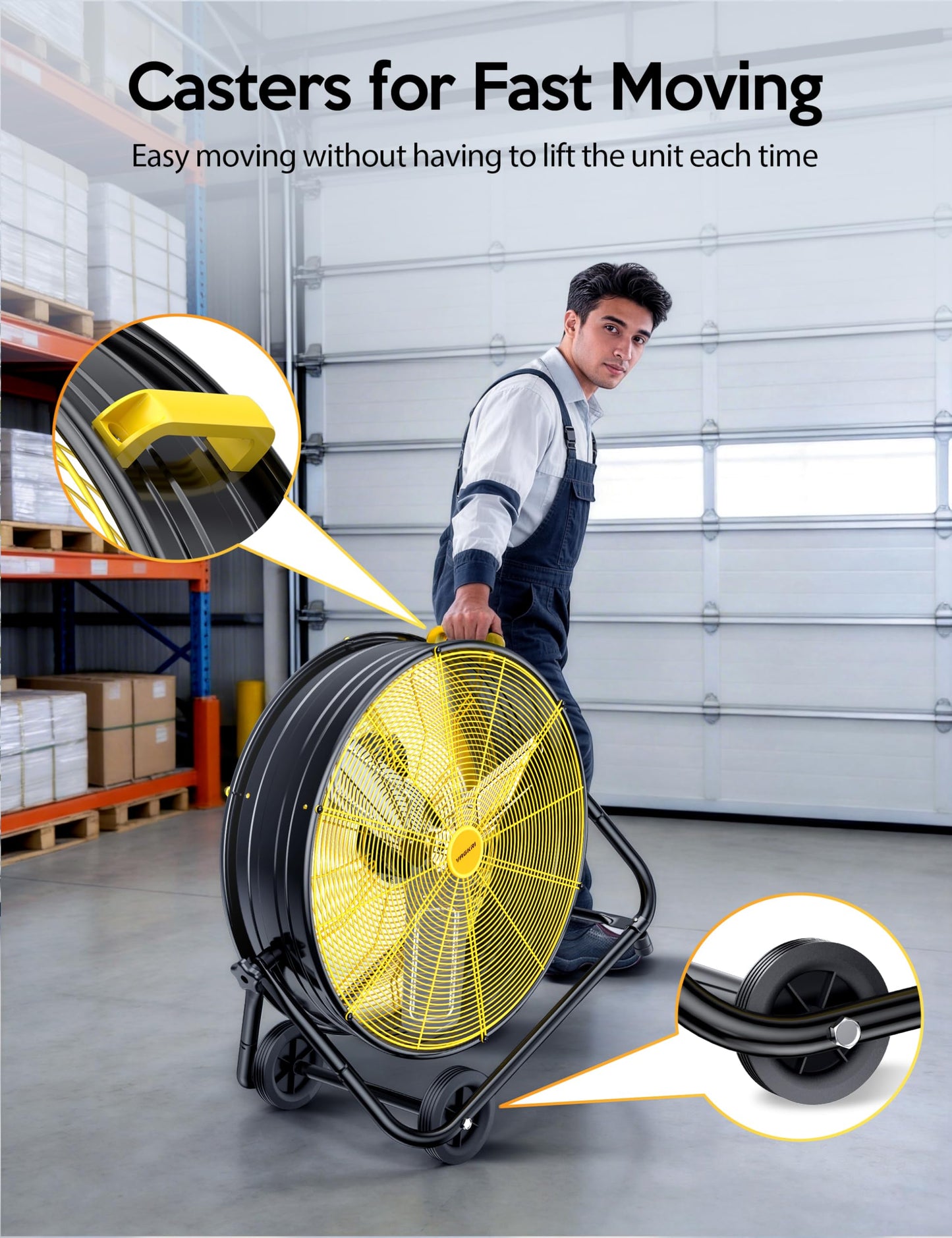 VAGKRI 24 Inch Industrial Drum Fan, 320W High Velocity Floor Fan, Heavy Duty Metal Air Circulator, 3 Speed and 360° Tilt with Handle Casters ETL Standard for Warehouse, Commercial,Basement