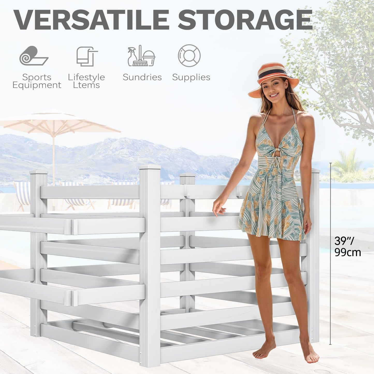 DWVO Pool Storage Bin, 64"x46"x38" Large Waterproof Pool Float Organizer with 6 Movable Hooks, Outdoor Resin Poolside Deck Box for Goggles, Towels & Pool Accessories, White