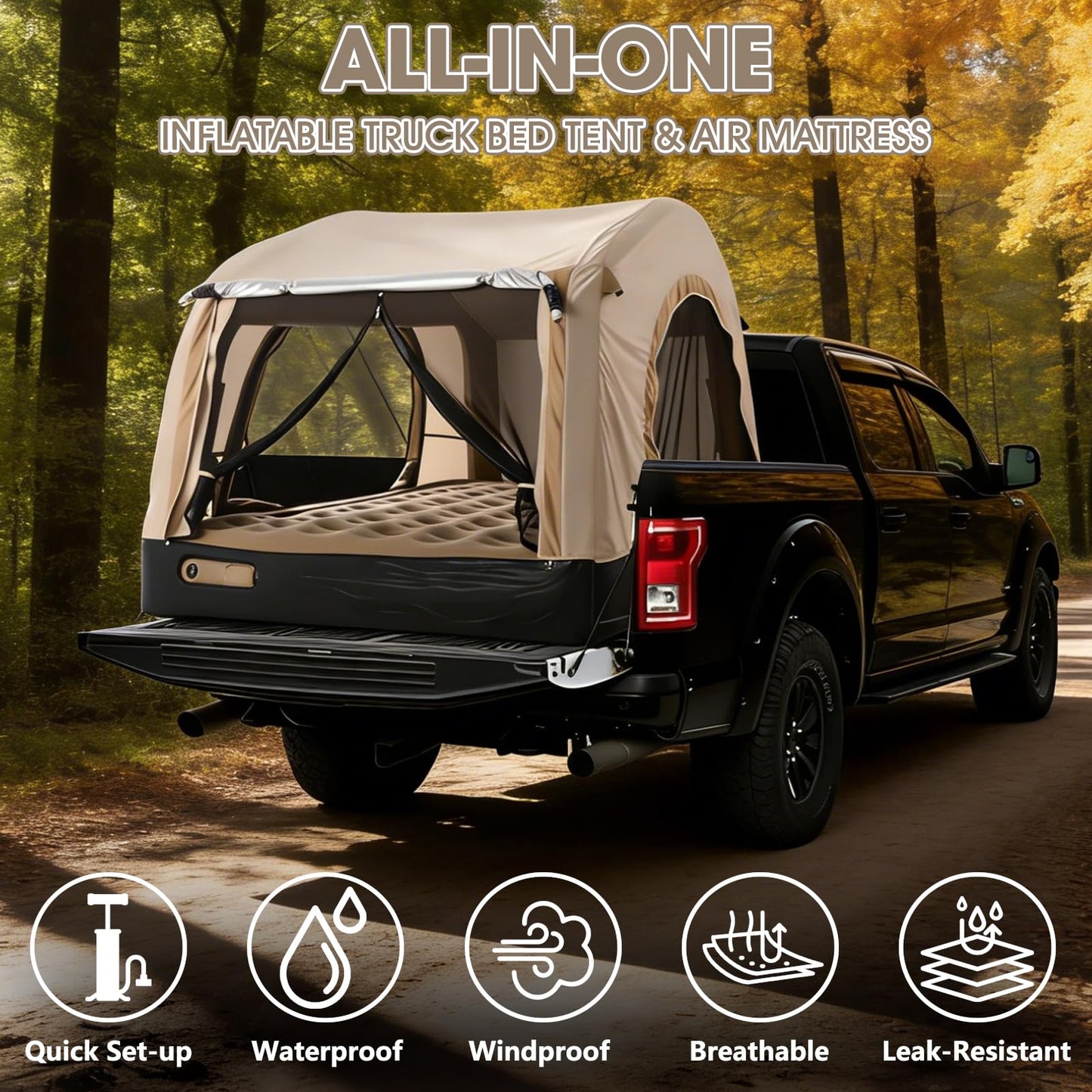 Afurkuot Inflatable Truck Tent & Air Mattress with Built-in Pump and Inflatable Pillow, Waterproof PU2000mm Double Layer Air Mattress Pickup Trcuks Tent for Road Trip Camping Outdoor Travel