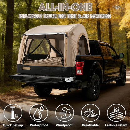 Afurkuot Inflatable Truck Tent & Air Mattress with Built-in Pump and Inflatable Pillow, Waterproof PU2000mm Double Layer Air Mattress Pickup Trcuks Tent for Road Trip Camping Outdoor Travel
