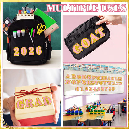 FunooFuno 72 Pcs Glitter 2026 Graduation Letters Numbers Cardstock Shiny Crafts Alphabet with Adhesive Dots for Graduation Trifold Photo Board Grad Leis Homecoming Mums DIY Supplies(Pink Gold)