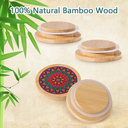 Beeveer 8 Pcs Mason Jar Lids for Regular Mouth Bamboo Mandala Decorative Storage Yogurt Jar Lids 2.76 Inch with Airtight Silicone Sealing Rings Reusable for Round Canning