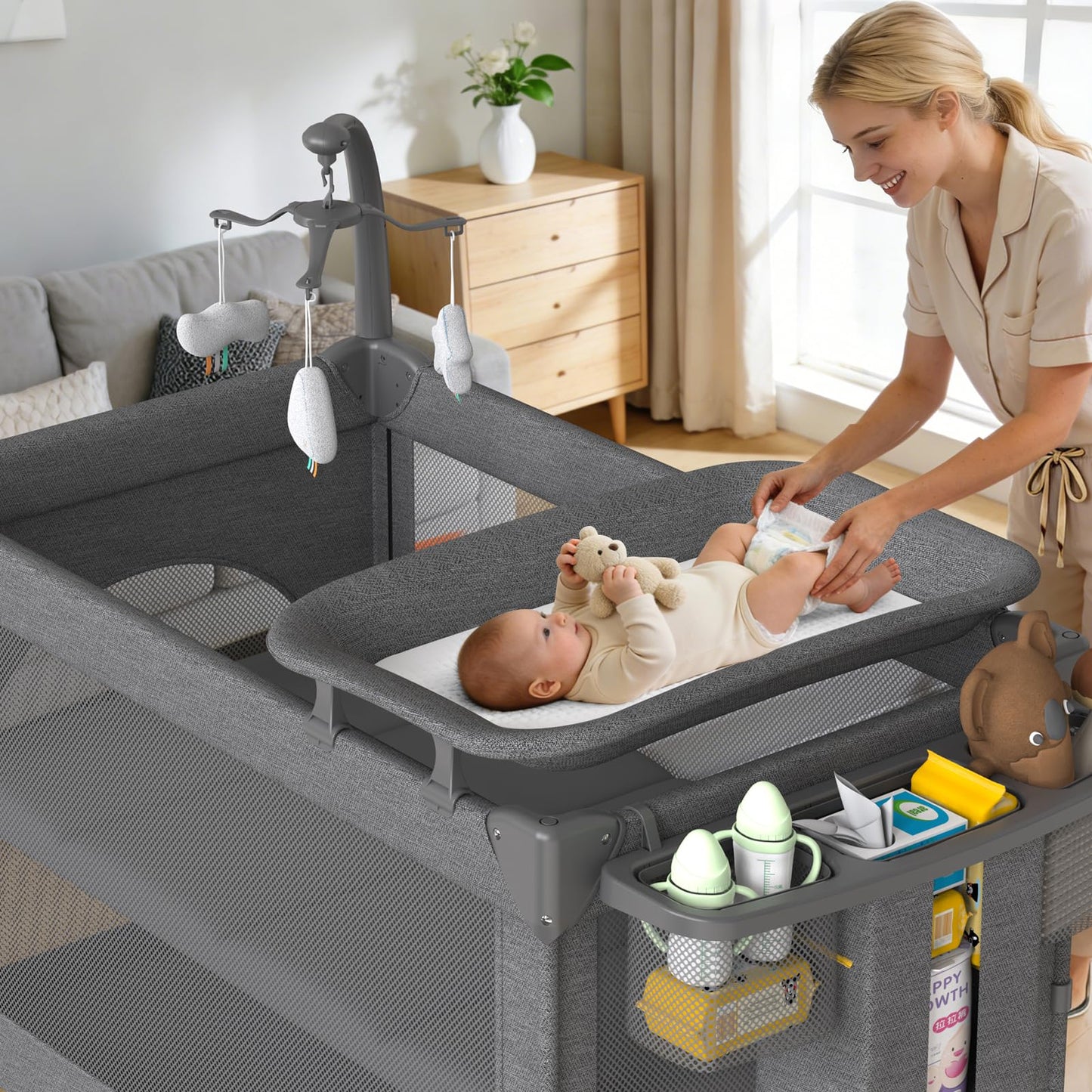 4 in 1 Baby Bassinet, Pack and Play with Mattress, Baby Crib with Wheels and Mosquito Net, Bedside Sleeper with Changing Pad, Portable Playpen Foldable Playard for Babies and Toddlers