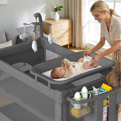 4 in 1 Baby Bassinet, Pack and Play with Mattress, Baby Crib with Wheels and Mosquito Net, Bedside Sleeper with Changing Pad, Portable Playpen Foldable Playard for Babies and Toddlers
