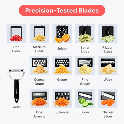 Fullstar Premium Vegetable Chopper - 14-in-1 Mandoline Slicer & Spiralizer with Container | Silver Kitchen Gadget