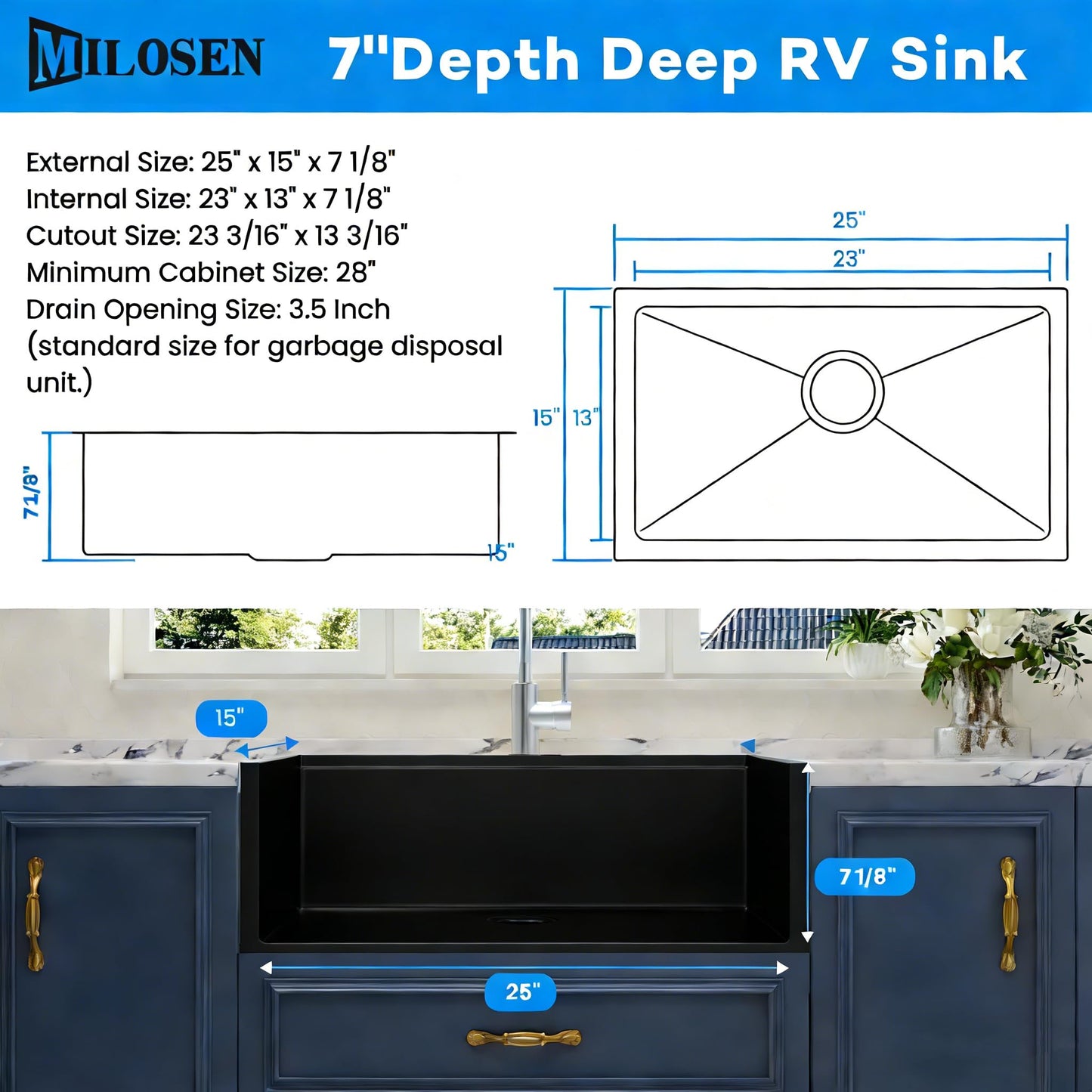 MILOSEN Black RV Kitchen Sink, 25''×15''×7'' 16 Gauge T304 Stainless Steel Drop-in/Undermount Black RV Sink, Single Bowl Sinks for Caravans/Campervans & Site Cabins, 7 inch Depth Outdoor Trailer Sinks
