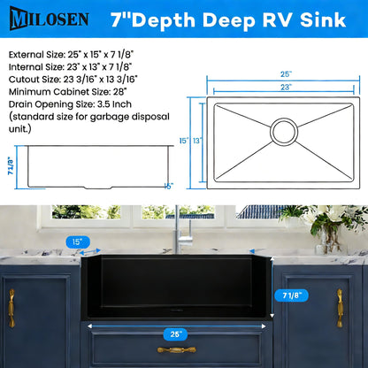 MILOSEN Black RV Kitchen Sink, 25''×15''×7'' 16 Gauge T304 Stainless Steel Drop-in/Undermount Black RV Sink, Single Bowl Sinks for Caravans/Campervans & Site Cabins, 7 inch Depth Outdoor Trailer Sinks