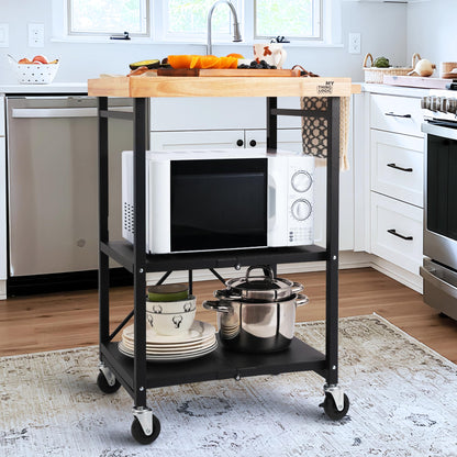 Mythinglogic Foldable Kitchen Storage Cart, 3-Tier Rolling Cart with Solid Oak Top, Heavy-Duty Metal Utility Rack for Microwave, Pots, Dish Set, Meal Prep Area, Kitchen Island on Lockable Wheels
