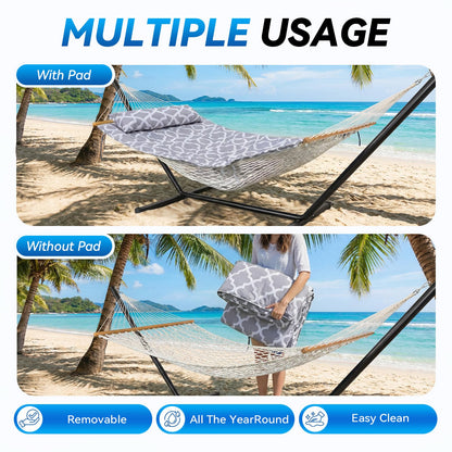 ANAGOO Double Hammock with Stand – Portable Cotton Rope Hammock with Removable Quilted Pad & Pillow, Adjustable Steel Frame for Patio, Backyard, Garden, Park, Camping & Outdoor Relaxation – White Gray