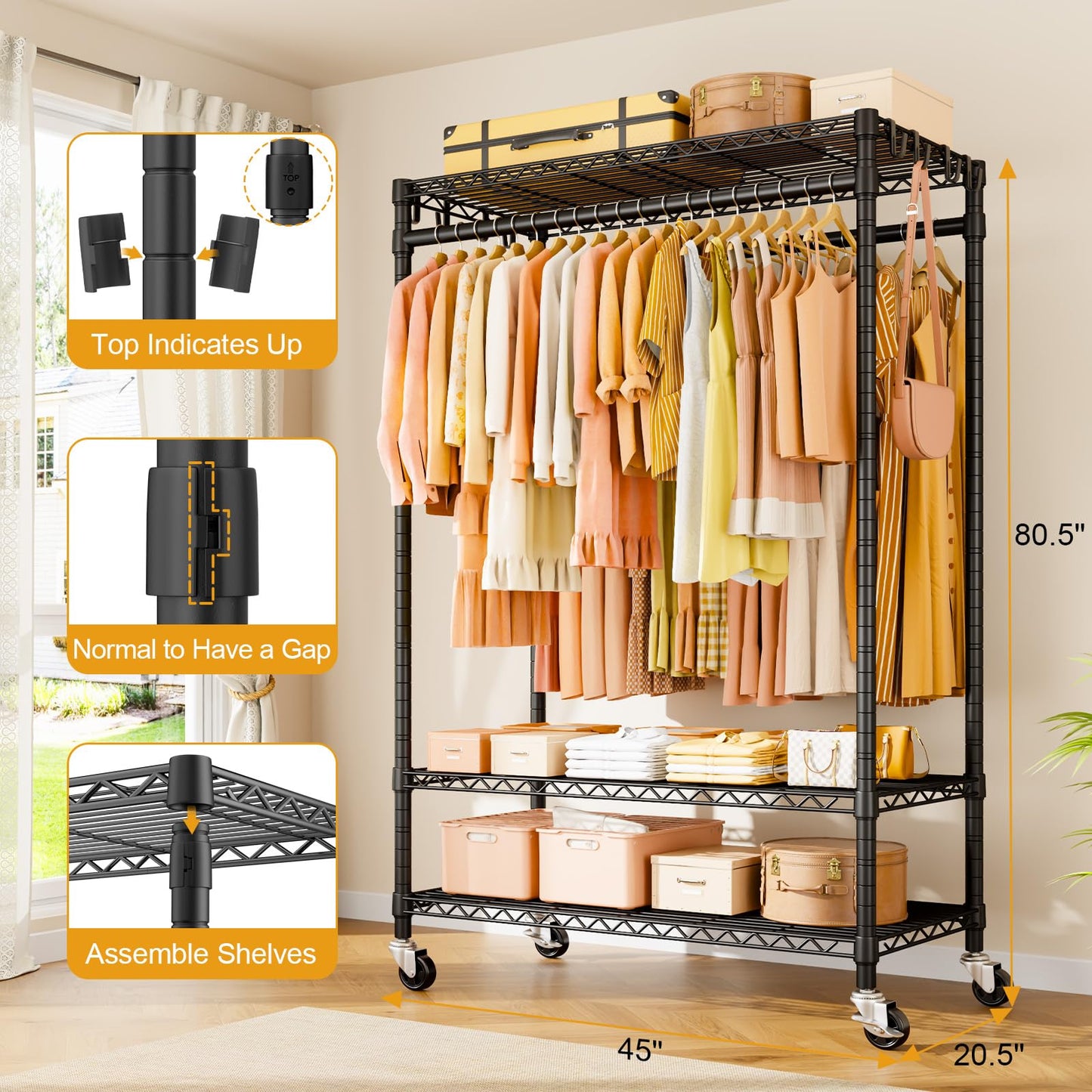 ULIFHOME P7 Rolling Clothes Rack, Clothing Racks for Hanging Clothes, Heavy Duty Garment Rack with Wheels, 3 Tiers Freestanding Portable Closet Rack 45''W × 20.5''D × 80.5''H, Max Load 480 lbs, Black