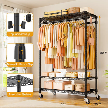 ULIFHOME P7 Rolling Clothes Rack, Clothing Racks for Hanging Clothes, Heavy Duty Garment Rack with Wheels, 3 Tiers Freestanding Portable Closet Rack 45''W × 20.5''D × 80.5''H, Max Load 480 lbs, Black