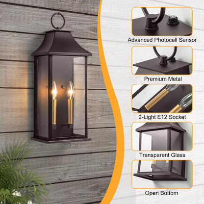 Lawyettle Outdoor Wall Light, 20.6in Bronze Dusk to Dawn Sconce, 2-Light Waterproof Aluminum Lantern, Model XG7008O-W2BR