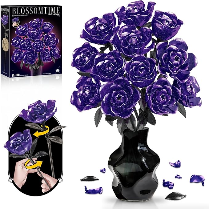 Rose Rotating Everlasting Flower Building Set (866PCS) Compatible Artificial Bouquet Elegant Home/Office Decor Accent for Tabletop Display Long-Lasting Home Decoration (Purple)