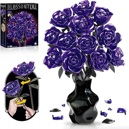 Rose Rotating Everlasting Flower Building Set (866PCS) Compatible Artificial Bouquet Elegant Home/Office Decor Accent for Tabletop Display Long-Lasting Home Decoration (Purple)