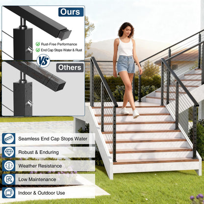 Gyykzz 4 Pack 10FT Black Rectangular Stainless Steel T304 Handrail for Cable Railing System, Flat Top Cable Railing Handrail with Extra End Caps for Indoor Outdoor Length Adjustable DIY Balustrade