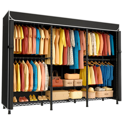 SEMHOR K01C Heavy Duty Clothes Rack with Cover, Freestanding Portable Closet System with Shelves, Adjustable Carbon Steel Garment Rack, Black Clothing Racks for Hanging Clothes, 860LBS Max Load