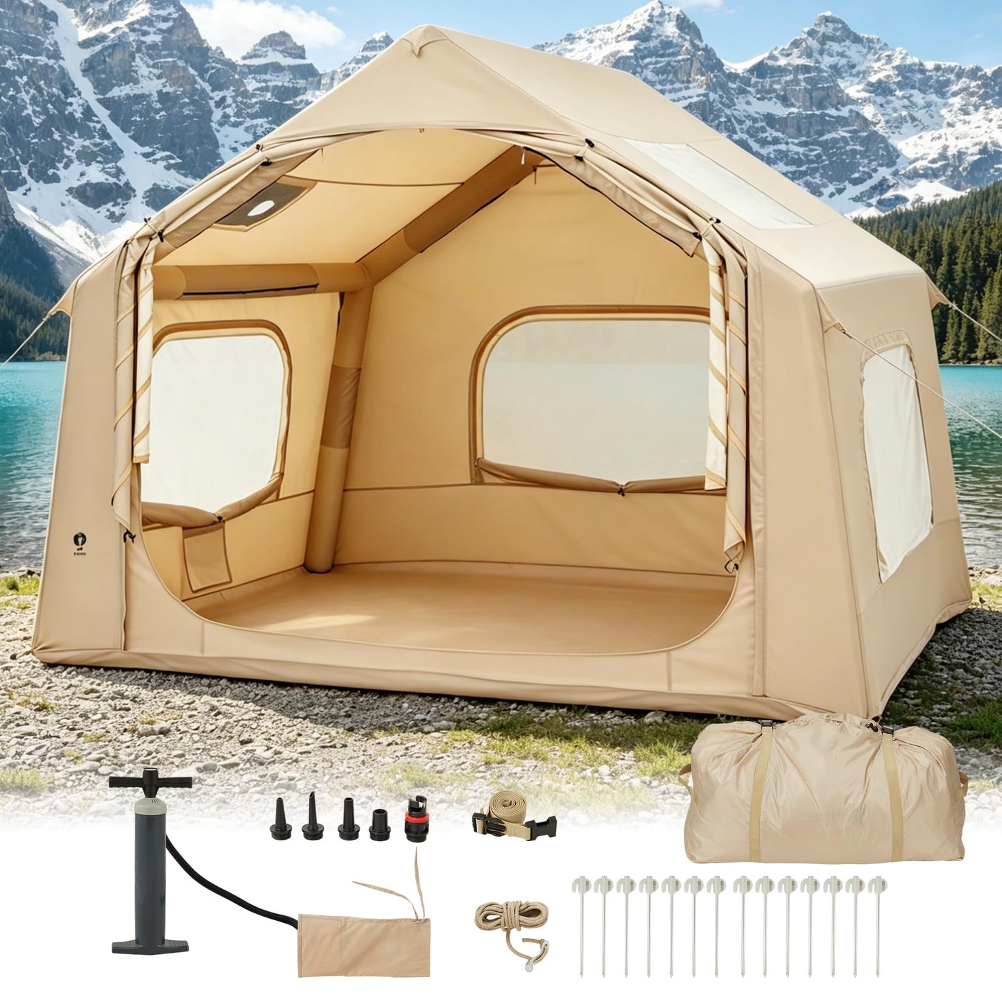 Inflatable Camping Tent for 3-5 Person, Quick Setup Blow Up Tent with Hand Pump, 210D Oxford Air Glamping Tents with Skylight & Stove Jack, 4 Season for Outdoor Camping, Beach, Hiking