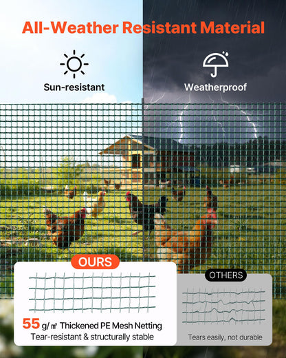 VEVOR Temporary Fence with Posts, 3 x 164 FT Plastic Mesh Fencing, Garden Safety Fences Netting with Double-Spike Stakes & Guy Ropes, Temporary Fence for Dogs, Chickens, Plants, Outdoor Yards
