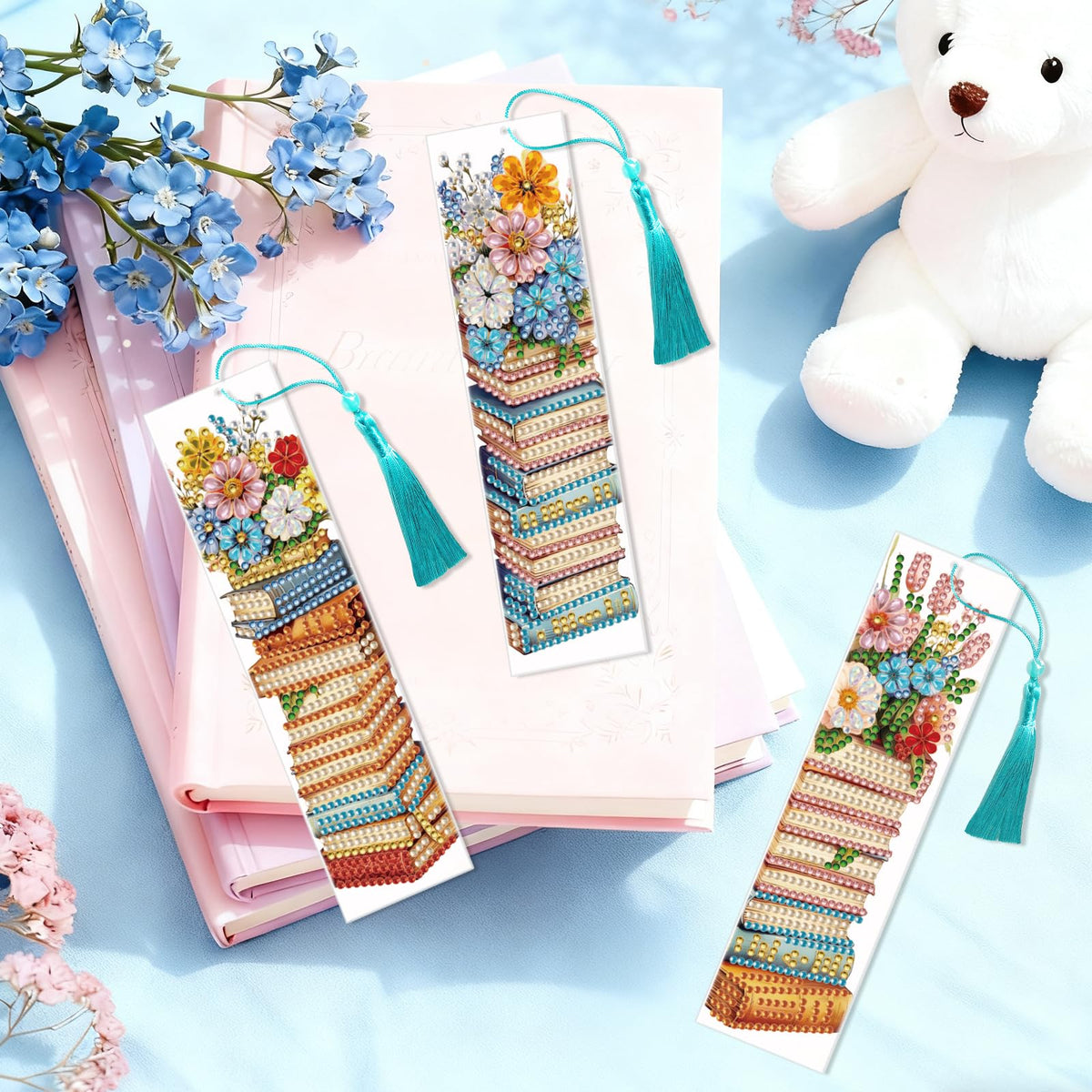 beinkmake 6pcs Diamond Painting Bookmark Set Stack of Books and Flowers Acrylic Bookmarks with Tassels DIY Art Gift for Book Lovers 7.87x1.97 Inches