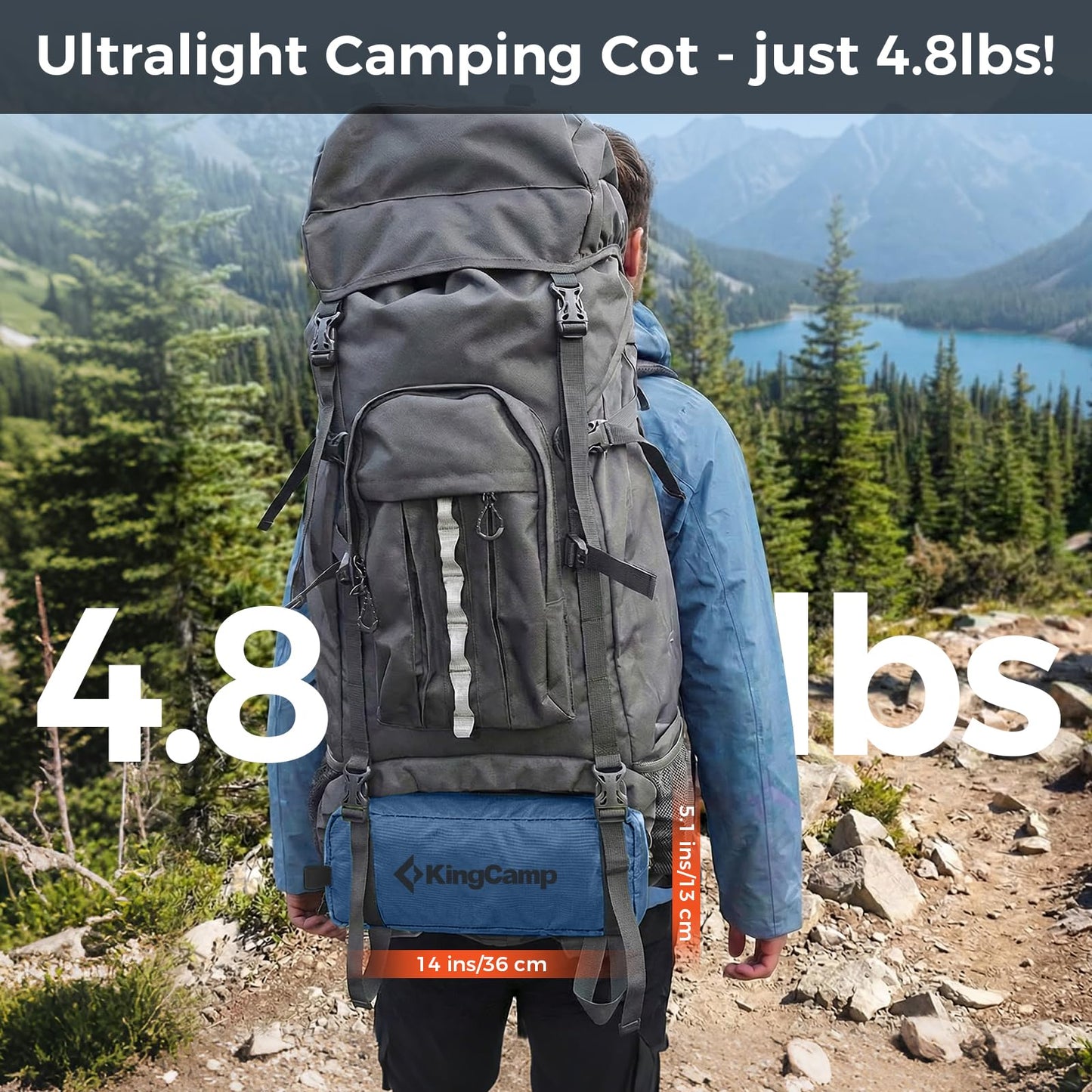 KingCamp Ultralight Camping Cot, Portable Folding Sleeping Cot for Adults, 265 Lbs Heavy Duty Compact Bed for Outdoor Backpacking Travel Hiking, Extra Wide 75 x 25 Inches, Blue Black