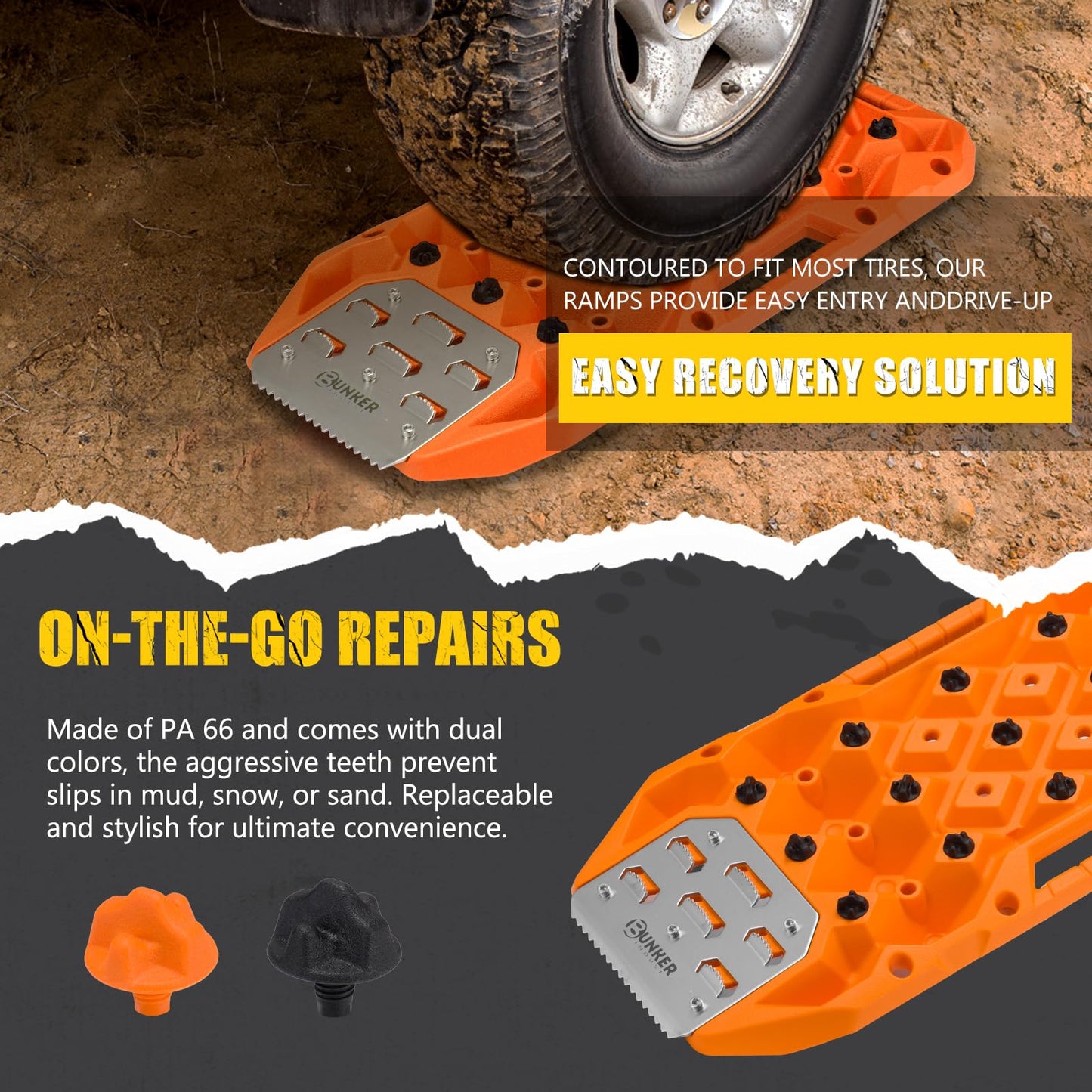 BUNKER INDUST Offroad Traction Boards with Jack Base, Pair Portable Recovery Track Tire Traction Mat - Orange Sand,Mud,Snow Tracks(Replaceable Dual Colors Teeth/Rugged Steel Plate), Gen 12th