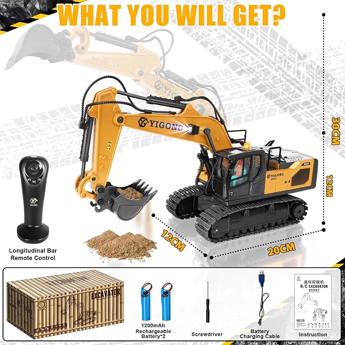 Remote Control Excavator for Boy 6 7 8 9 Years Old 2.4 GHz Gravity Controlled Excavator Toys with Lights Sound Rechargeable 11 CH RC Construction Vehicles Metal Shovel Gifts for Kids 6-12 Year Old