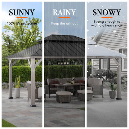 SUNJOY 12 x 16 ft. Wood Gazebo, Outdoor Patio Cedar Framed Steel Hardtop Gazebo with 2-Tier Metal Roof, Suitable for Patios, Lawn and Backyard, Matte Black Roof + Gray Wood Frame