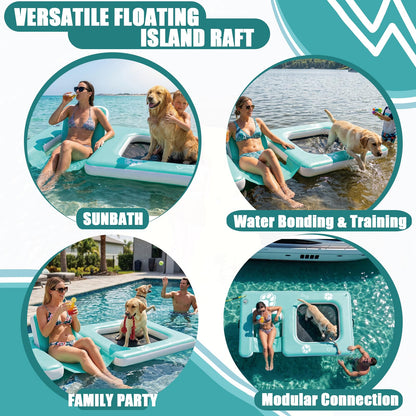 JUSTOOP Inflatable Dog Pool Float with Seat, Durable PVC Inflatable Floating Dock with Mesh Swim Area, Floating Platform Swim Docks for Adults & Dogs, 242 lbs Capacity, Portable Floating Lounge