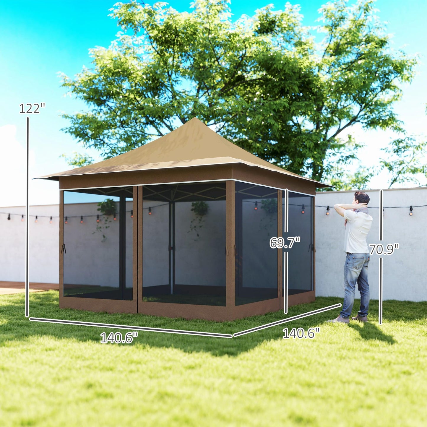 Outsunny 12 x 12 ft. Pop Up Canopy Tent with Mesh Netting, UPF50+ Instant Sun Shelter with Carry Bag, Height Adjustable Party Tent Instant Event Shelter for Garden, Patio, Beige