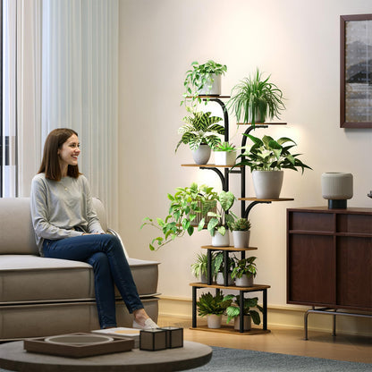 MemoCastle Tall Plant Stand with Grow Lights – 8 Tier 63" Metal and Wooden Indoor Flower Shelf Rack, Adjustable Large Corner Organizer for Living Room or Home Gardening Display