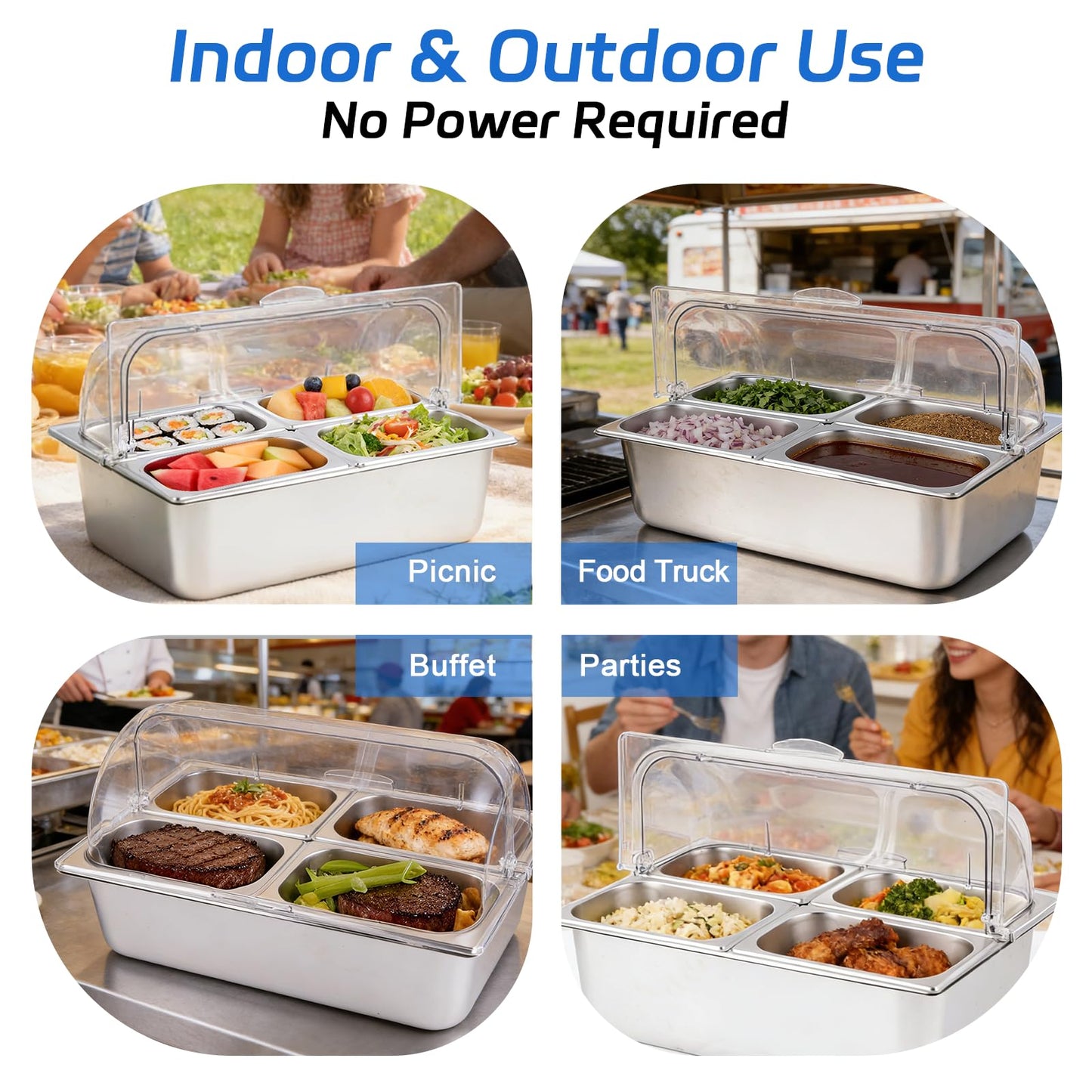 YMJOINMX Cold Food Buffet Server 4 Pans×2.7QT with Ice Packs for Salad Pizza Sauce Colded Serving Trays Condiments Containers for Parties Buffet