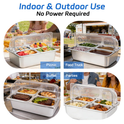 YMJOINMX Cold Food Buffet Server 4 Pans×2.7QT with Ice Packs for Salad Pizza Sauce Colded Serving Trays Condiments Containers for Parties Buffet