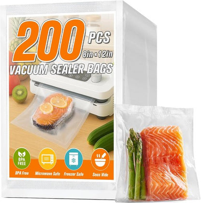 FUNFERY Vacuum Sealer Bags - Precut Food Storage, 200 Quart, 8" x 12", BPA Free for Sous Vide & Freezer Use