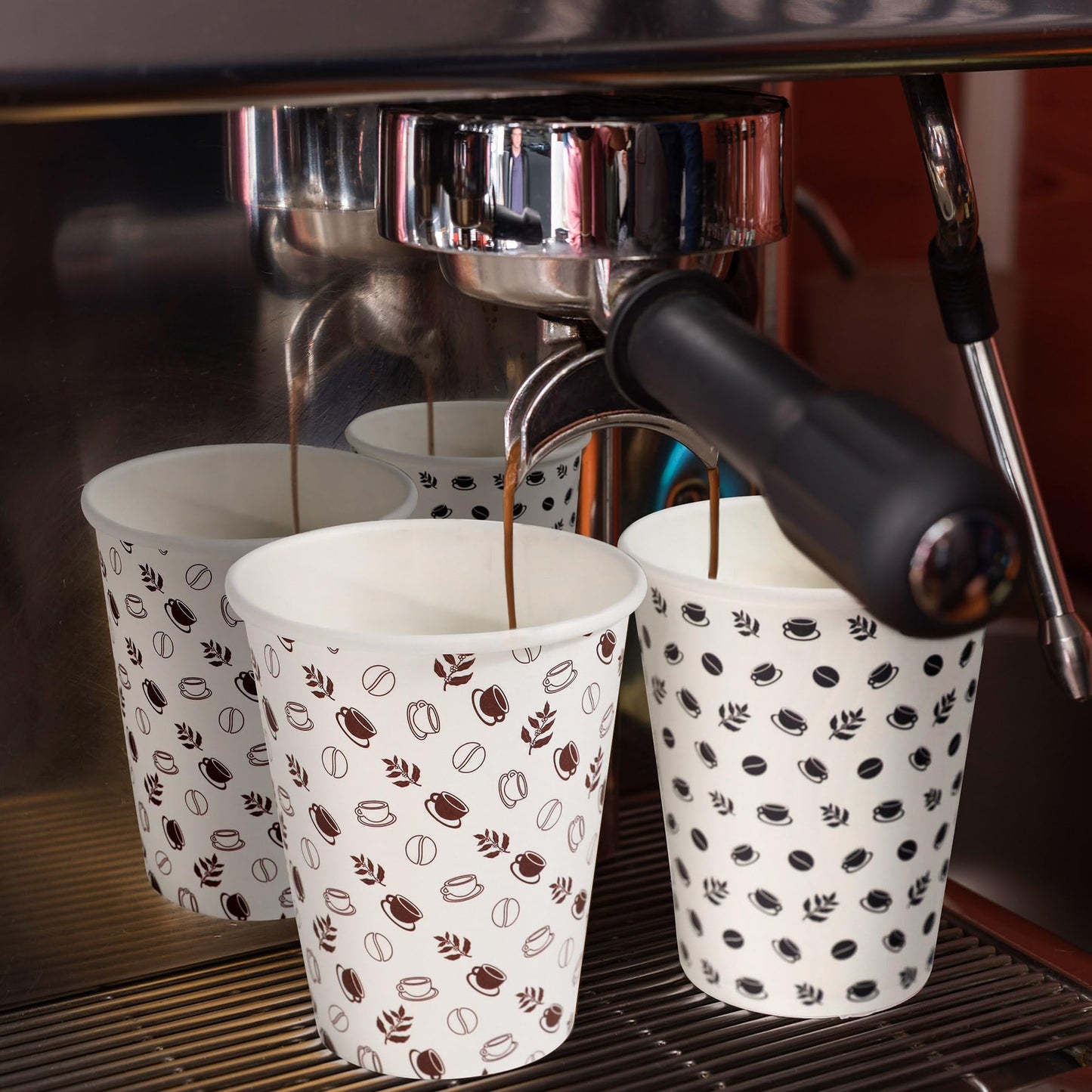 12oz To Go Coffee Cups with Lids, Sleeves and Stirrers (100 Pack), Disposable Paper Cups with two Designs for Home, Business and Café. Hot/Cold Beverage Drinking Cups for Water, Juice or Tea.